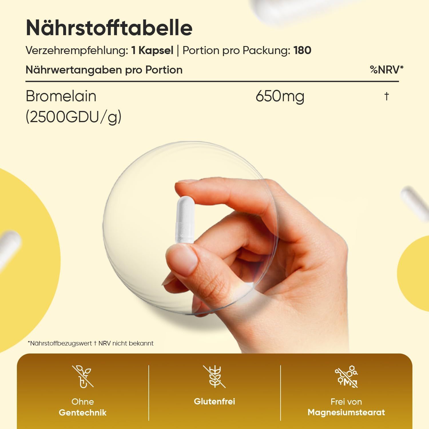 Mano che tiene una capsula bianca. Testo: Tabella nutrizionale, Bromelina 650mg. Scritta: Senza glutine, senza OGM, senza stearato di magnesio.
