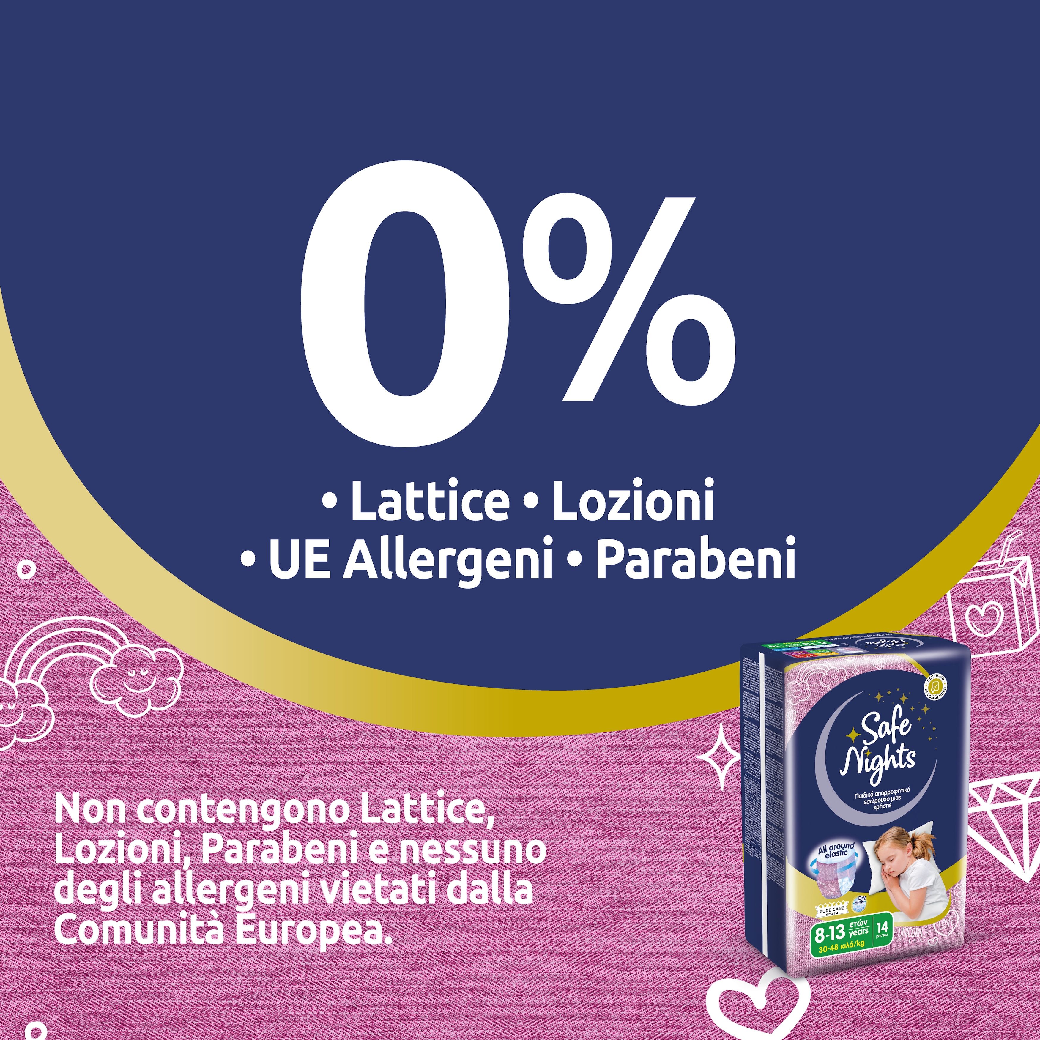 Babylino Safe Nights Girls Pants. 0% lattice, lozioni, parabeni e allergeni. Confezione con immagine. Blu.
