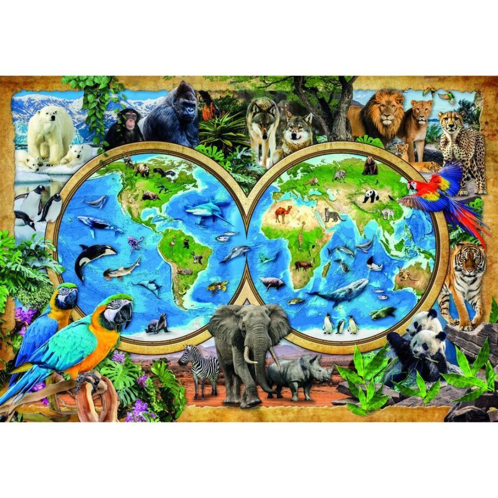 Puzzle con motivo animali. Mappa del mondo con animali come elefanti, leoni, pappagalli e orsi polari. 300 pezzi.