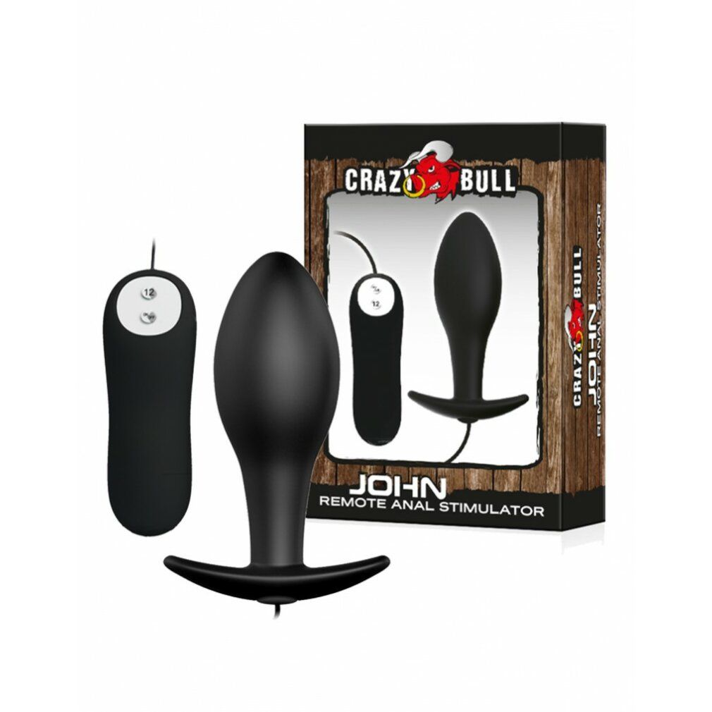 Tappo anale nero e telecomando accanto alla confezione. Testo: CRAZY BULL, JOHN, Remote Anal Stimulator.