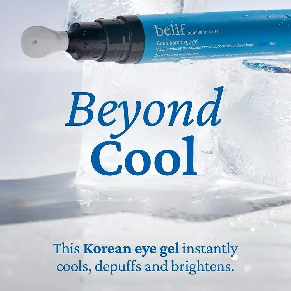 Belif Aqua Bomb Eye Gel su cubetti di ghiaccio, con testo "Beyond Cool".