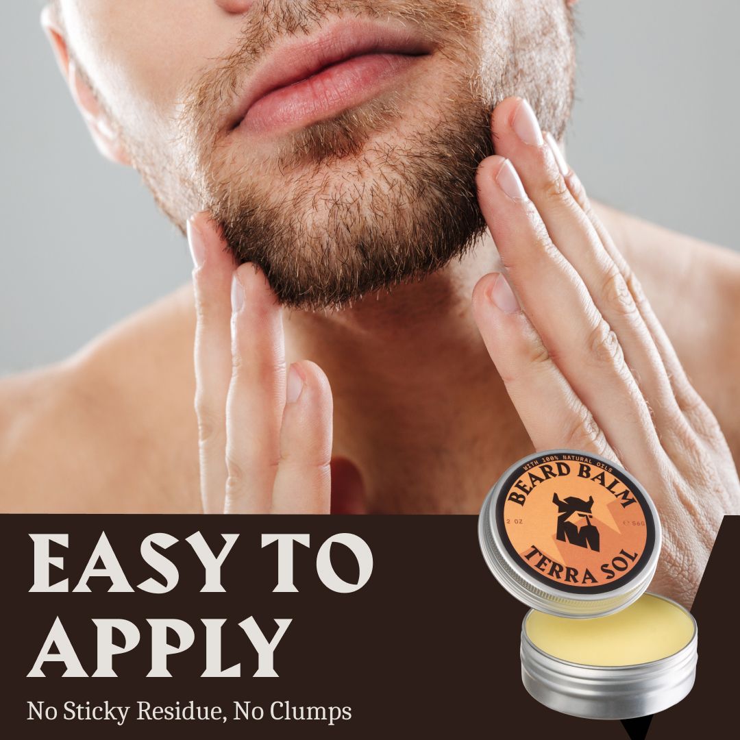 Un uomo applica il balsamo per barba, una scatola è visibile accanto.