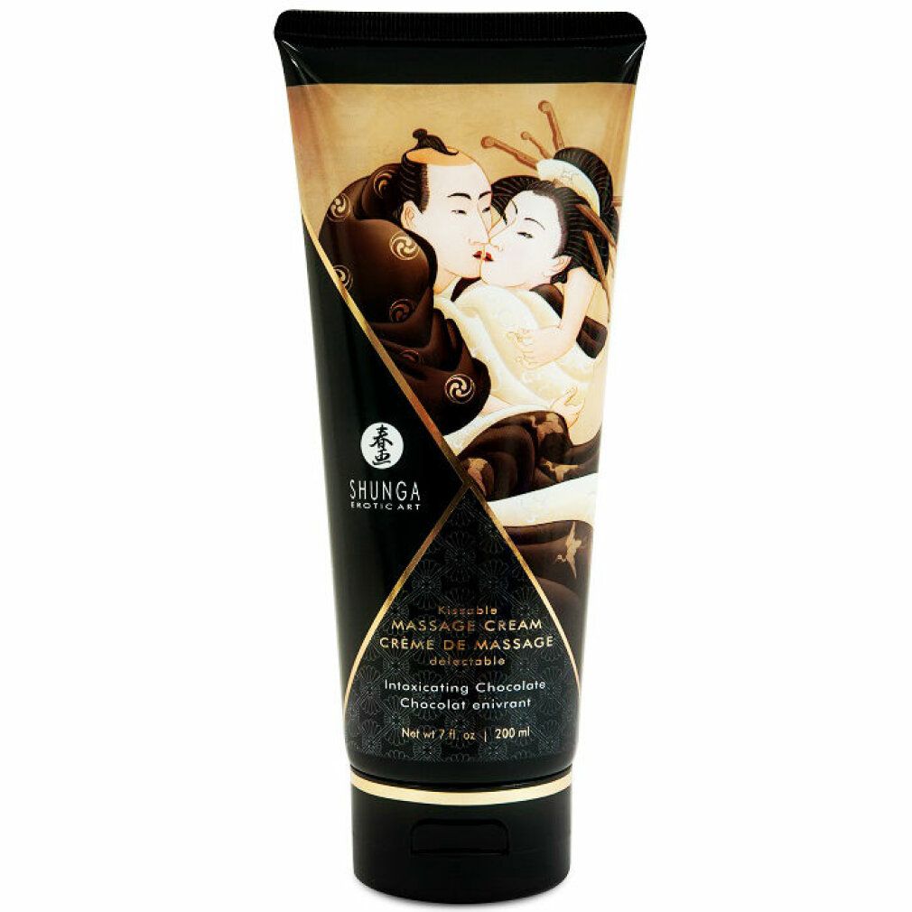 Crema da massaggio in tubo nero con motivo al cioccolato e coppia asiatica.