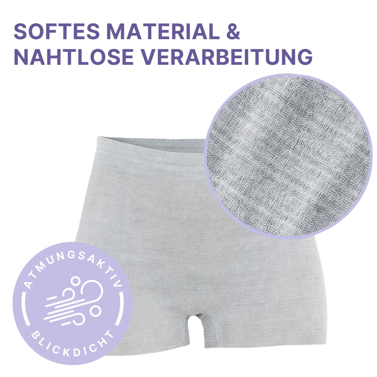Shorty post-partum grigio chiaro con primo piano del tessuto. Testo: Materiale morbido e lavorazione senza cuciture, traspirante, opaco.