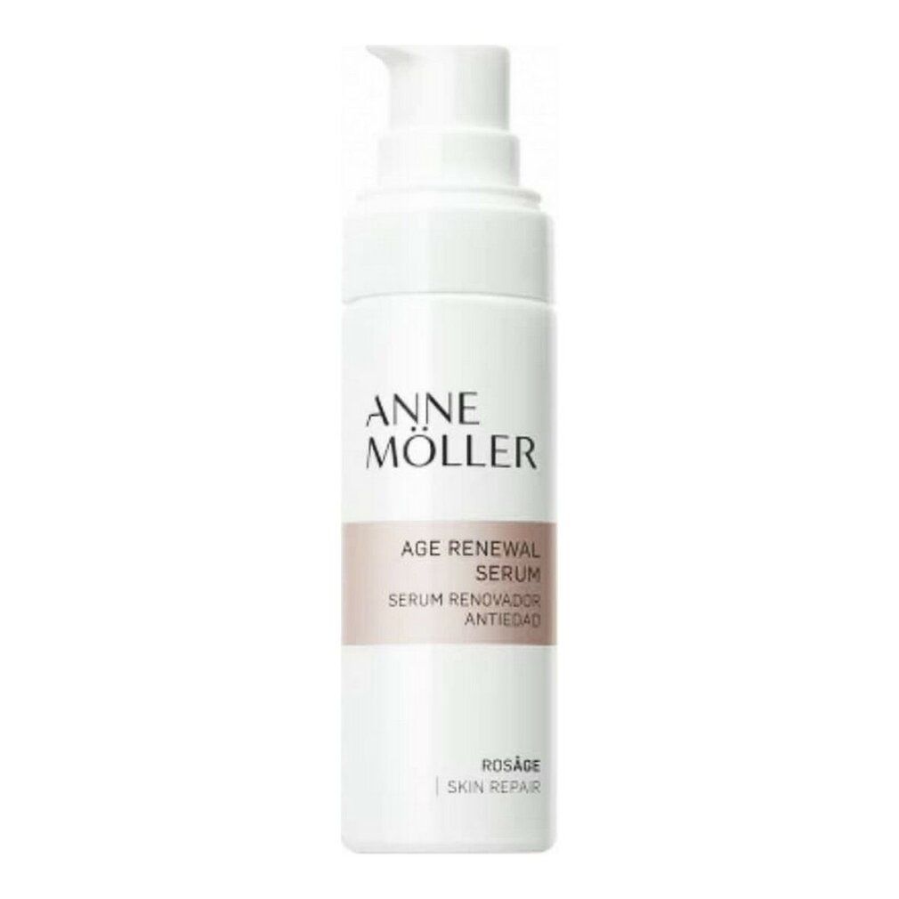 Flacone di siero bianco con dosatore. Scritta: Anne Möller, Age Renewal Serum, Rosâge Skin Repair.