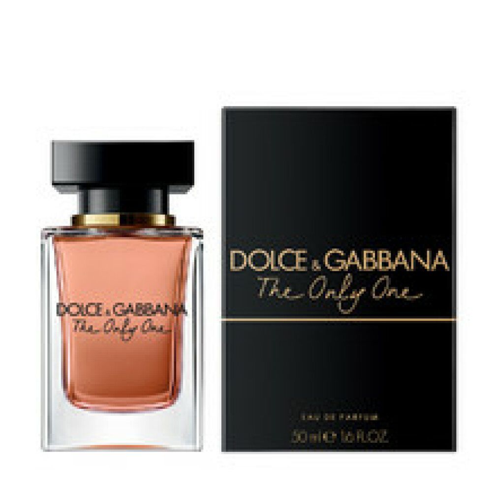 Flacone di profumo e scatola. Flacone: quadrato, liquido rosa, tappo nero. Scatola: nera, Dolce & Gabbana The Only One.