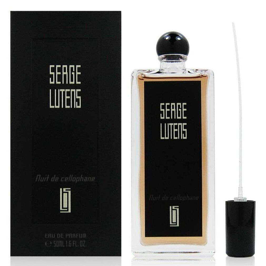 Flacone e confezione. Scatola nera e flacone con etichetta nera. Testo: SERGE LUTENS, Nuit de cellophane.