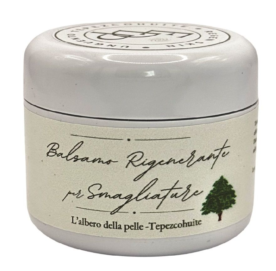 Vasetto con coperchio. Etichetta con testo: Balsamo rigenerante per Smagliature. Illustrazione albero. Testo: L'albero della pelle - Tepezcohuite. Logo: Energia delle Piante.