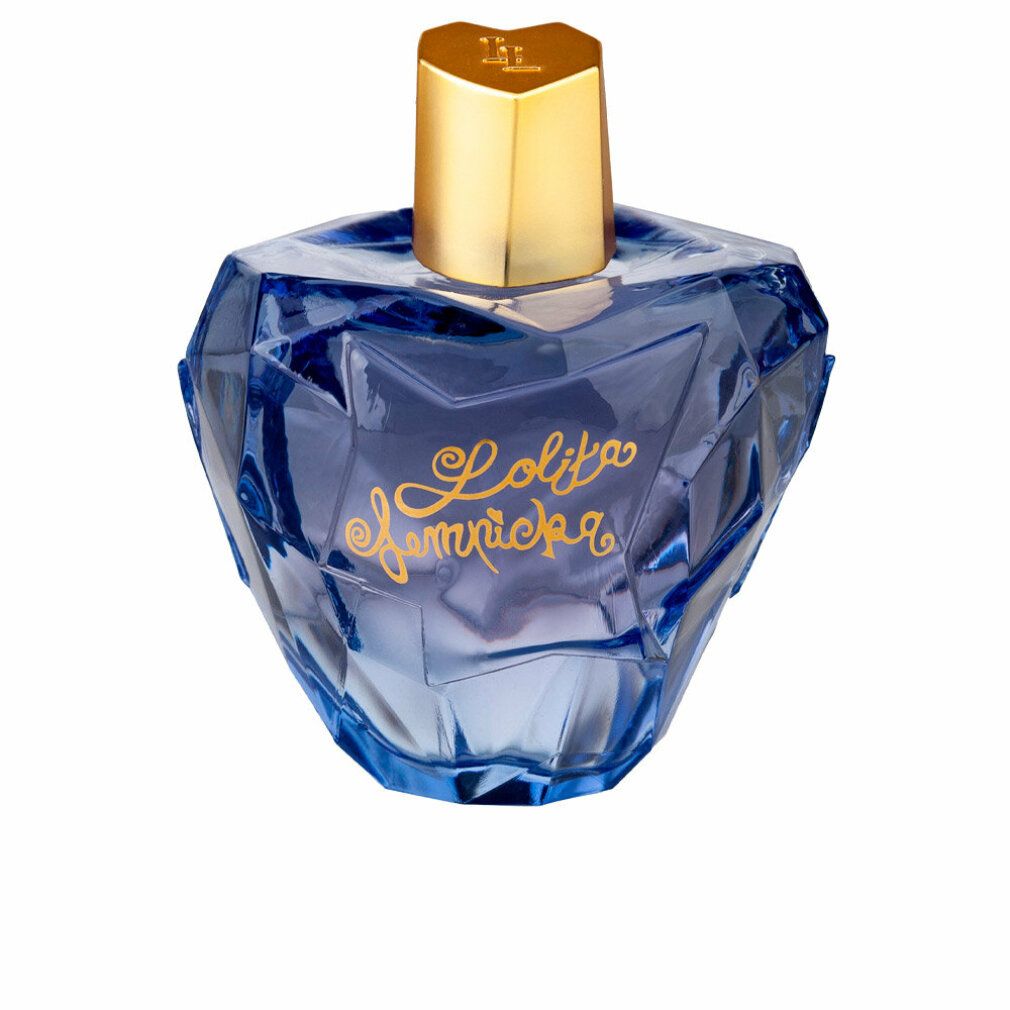 Flacone blu con tappo dorato. Scritta dorata "Lolita Lempicka". Design sfaccettato.