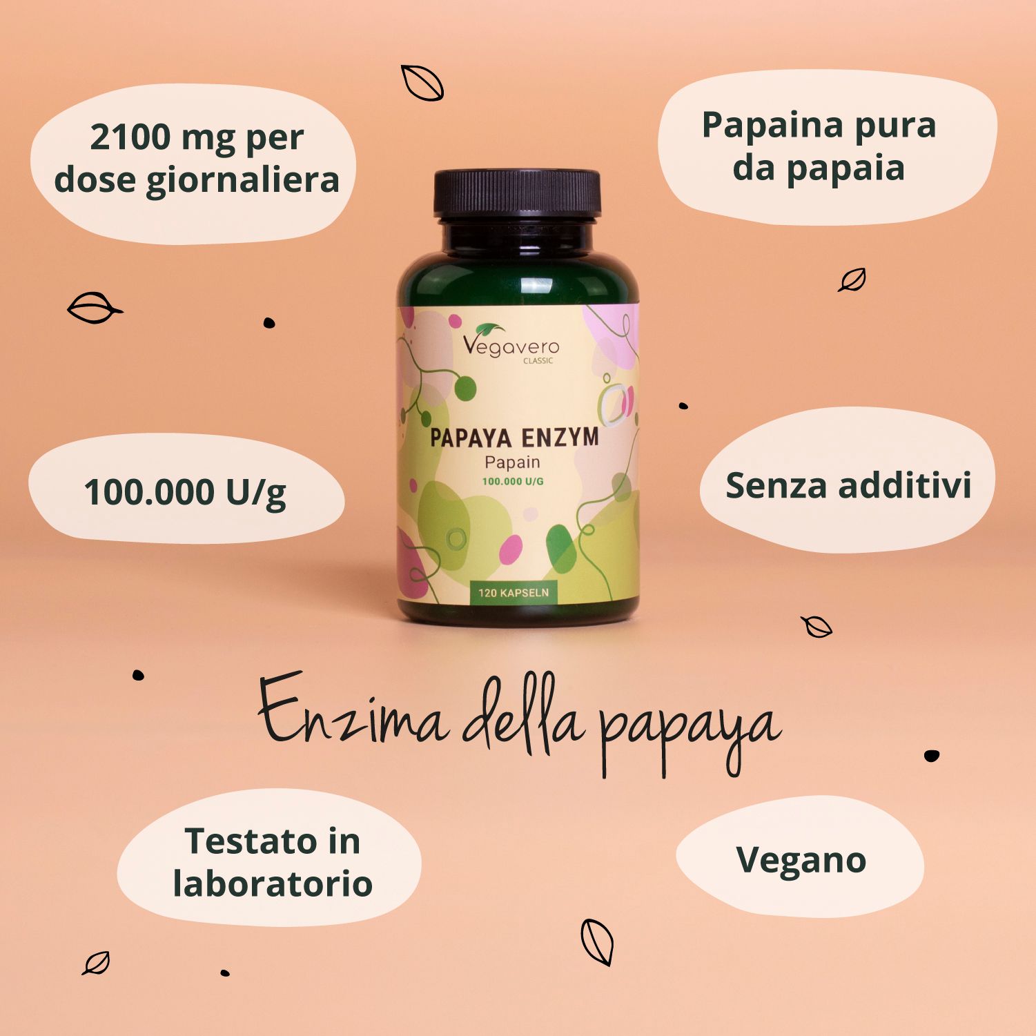 Bottiglia Papaya Enzym, circondata da testo. Testo: 2100 mg per dose giornaliera, 100.000 U/g, papaina pura, senza additivi, vegano.