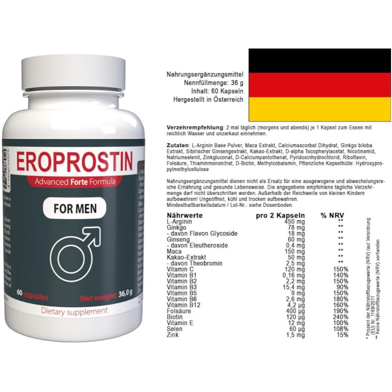 Flacone bianco EROPROSTIN Forte con bandiera tedesca e tabella nutrizionale. Contiene 60 capsule. "FOR MEN" sul davanti.