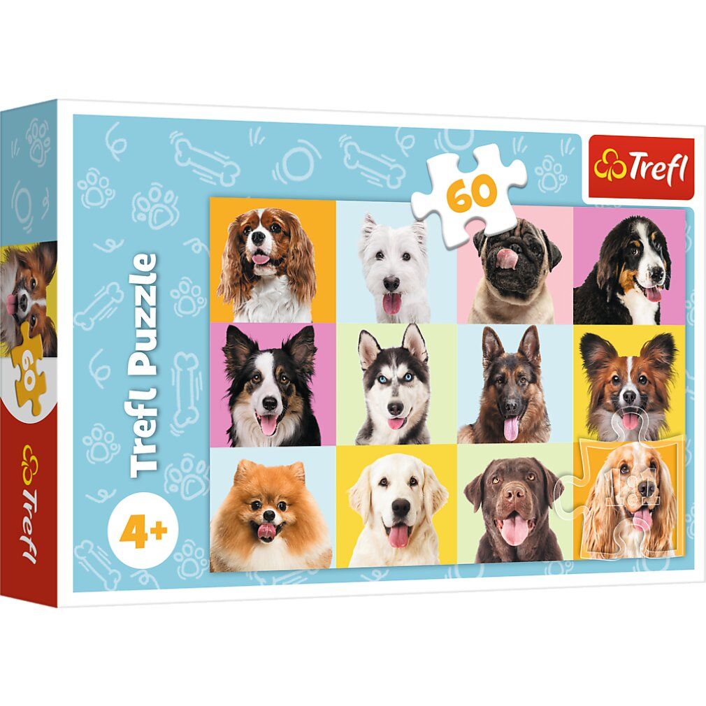 Puzzle Trefl, 60 pezzi, con ritratti di cani. Confezione, vista obliqua.