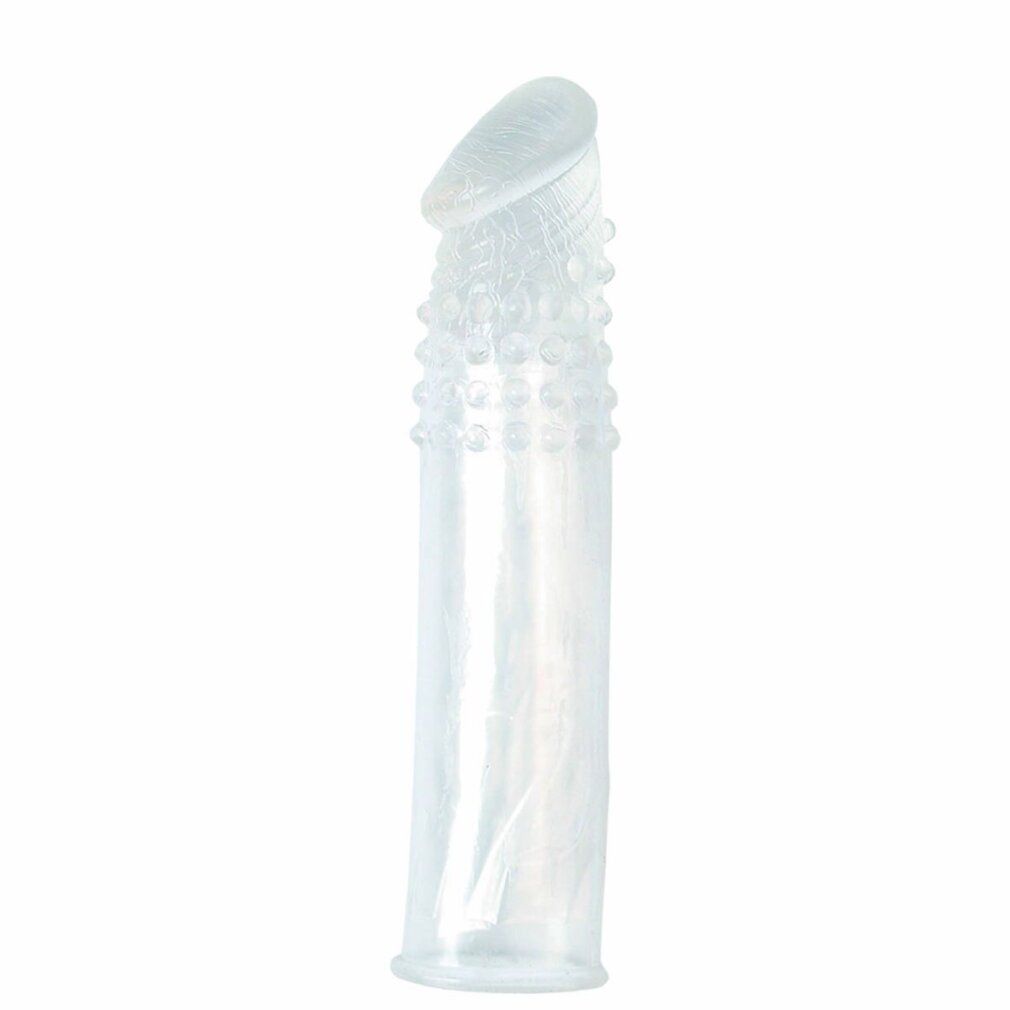 Estensione del pene in silicone trasparente, con noduli e punta scanalata. Forma cilindrica.