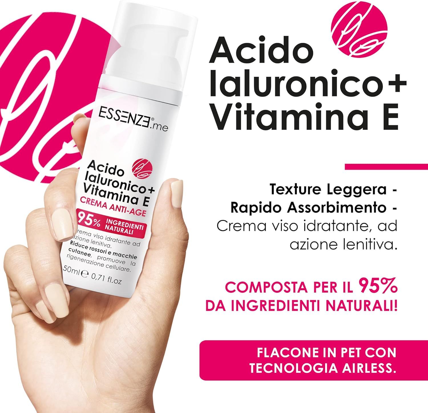 Essenze.me Crema Viso Anti-Age con Acido Ialuronico e Vitamina E - 95% Ingredienti Naturali - 50 ml