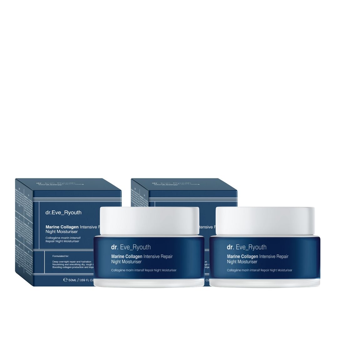 Due vasetti con coperchi bianchi e base blu scuro, con due confezioni. Scritta: Dr. Eve_Ryouth, Marine Collagen Intensive Repair Night Moisturiser.