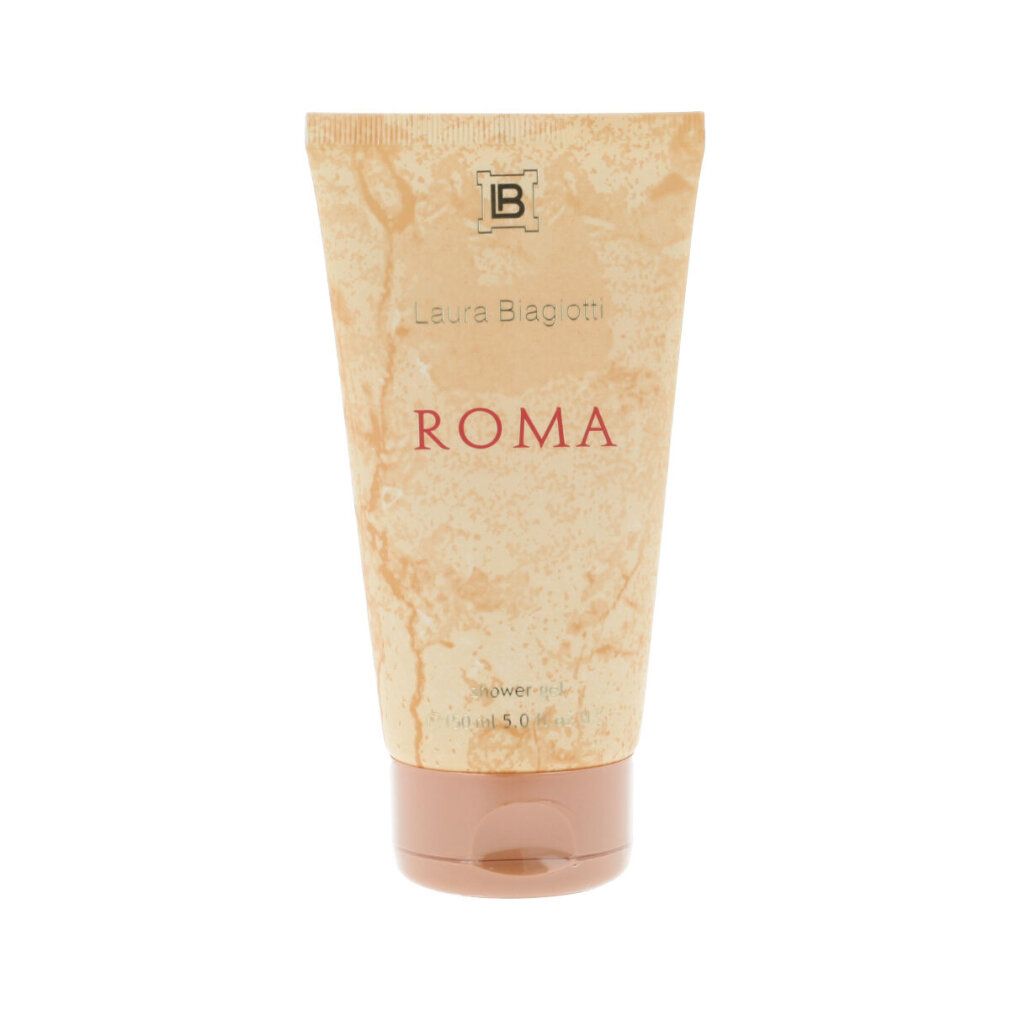 Tubo beige di gel doccia Laura Biagiotti Roma. Tappo marrone. Testo: Roma, gel doccia, 150 ml.