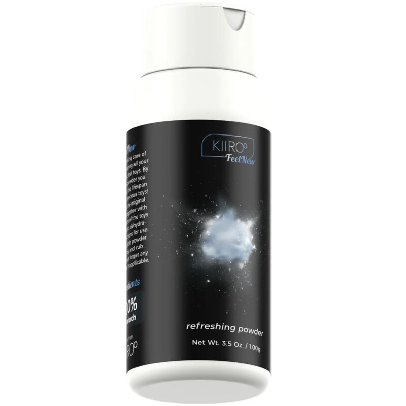 Kiiroo FeelNew polvere rinfrescante in flacone bianco con etichetta nera.