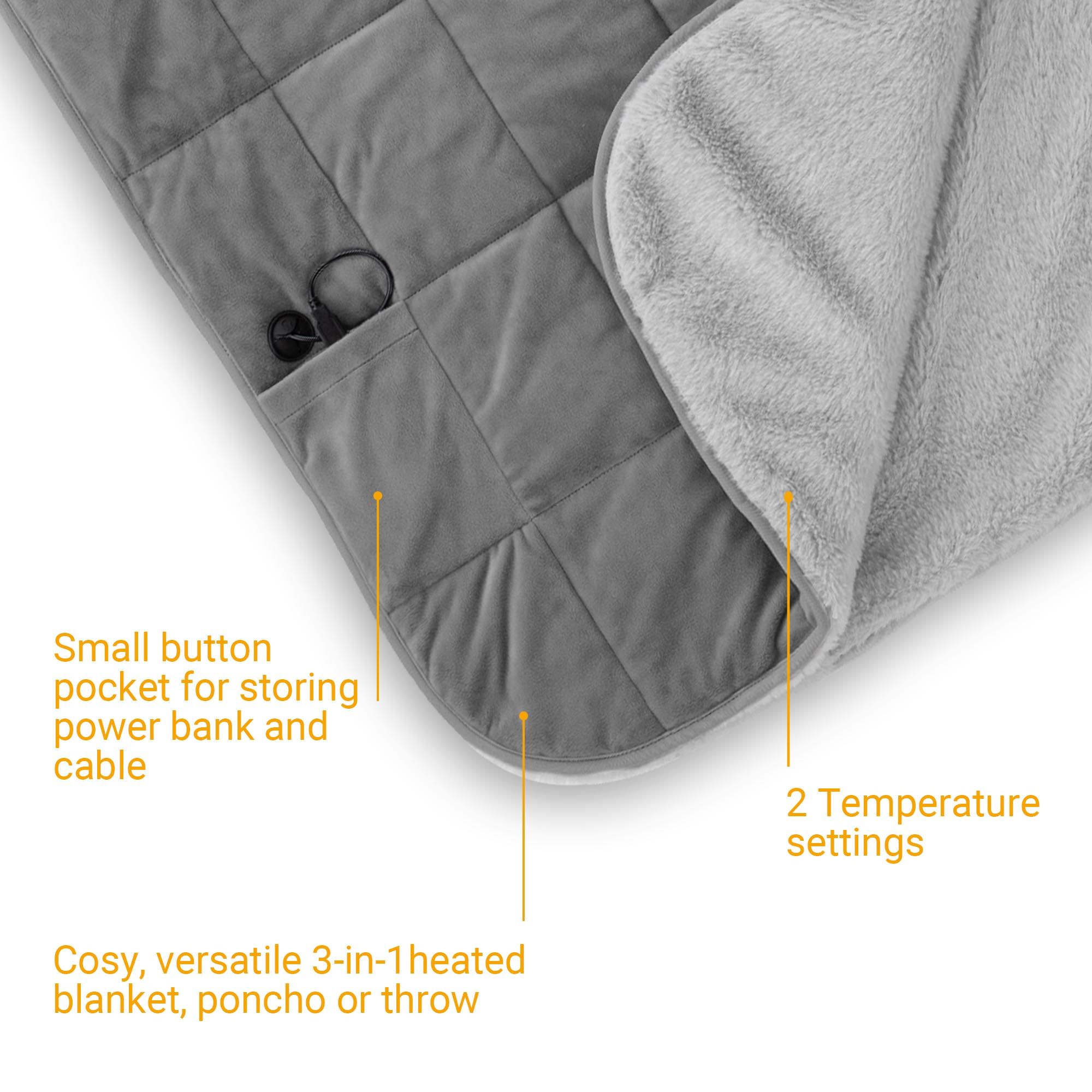 Coperta termica grigia con motivo a quadri. Tasca per power bank e cavo. 2 impostazioni di temperatura.