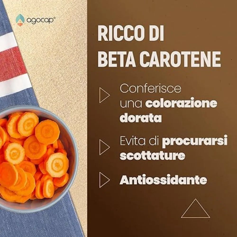Grafica con fette di carote in una ciotola. Testo: Ricco di beta-carotene, dona colore dorato, previene scottature, antiossidante.