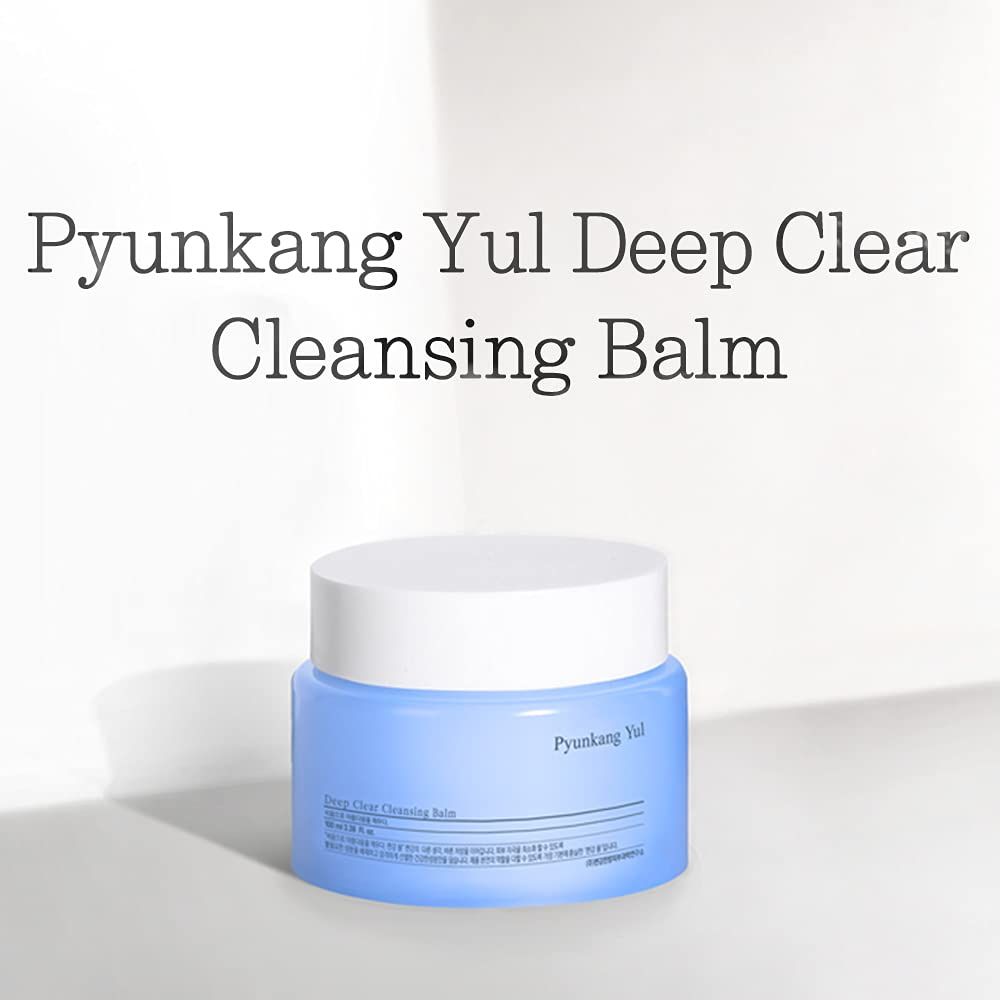 Vasetto blu chiaro con coperchio bianco. Testo: Pyunkang Yul Deep Clear Cleansing Balm.