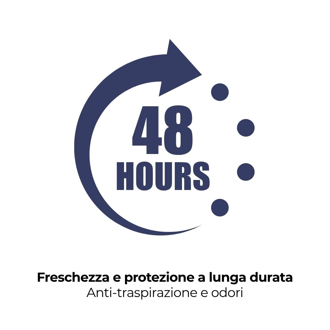Simbolo circolare con freccia e testo: 48 HOURS. Freschezza e protezione a lunga durata. Anti-traspirazione e odori.