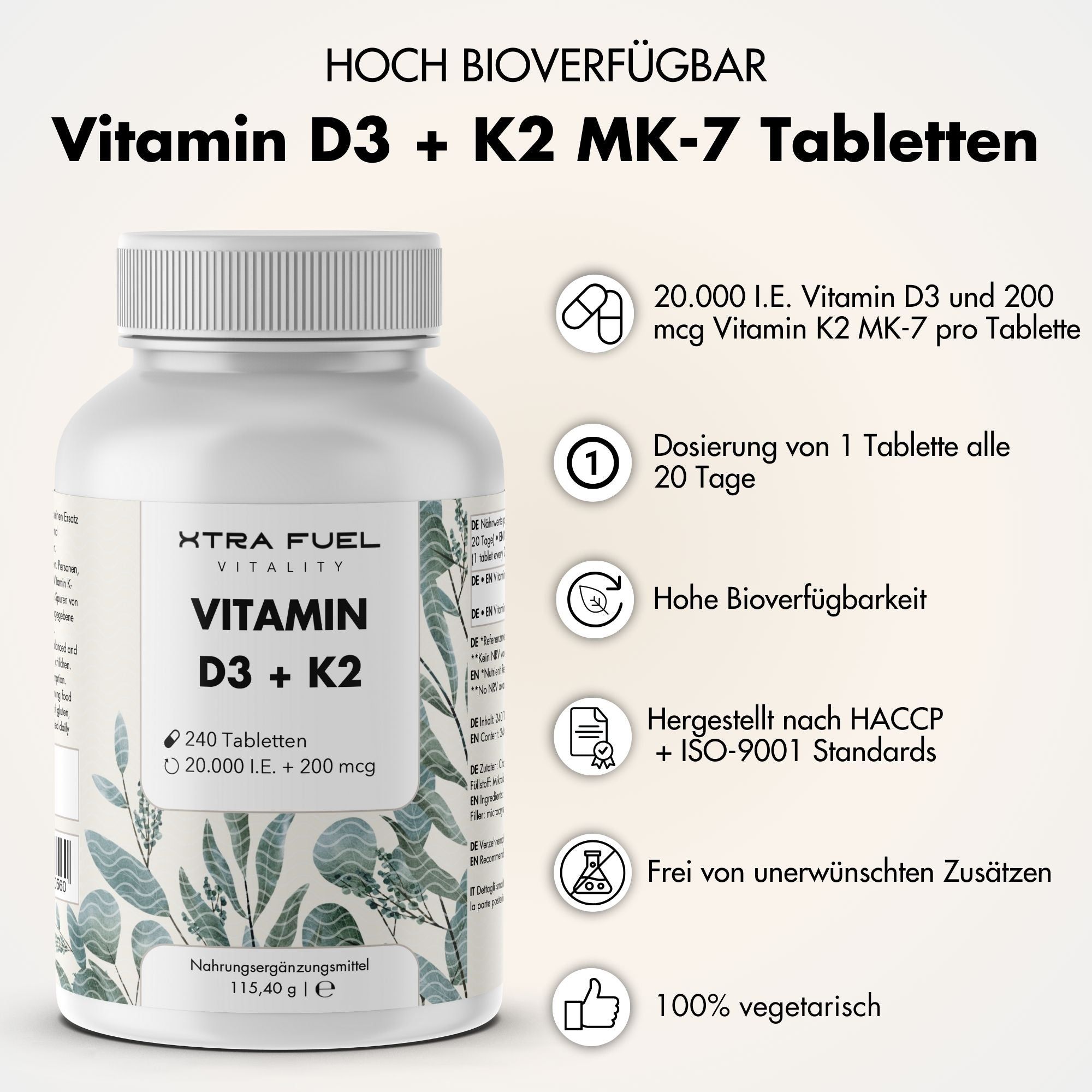 XTRA FUEL | Vitamina D3 + K2 - Compresse con 20.000 UI + 200 mcg MK-7