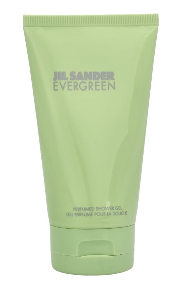 Tubo verde chiaro con scritta Jil Sander Evergreen. Testo: Perfumed Shower Gel. Bottiglia con chiusura a ribalta.