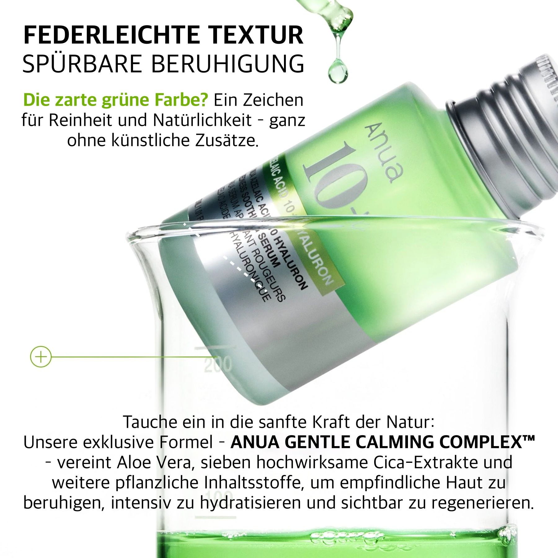 Flacone del prodotto in un becher. Testo: Texture leggera, lenitivo percettibile. Colore verde.