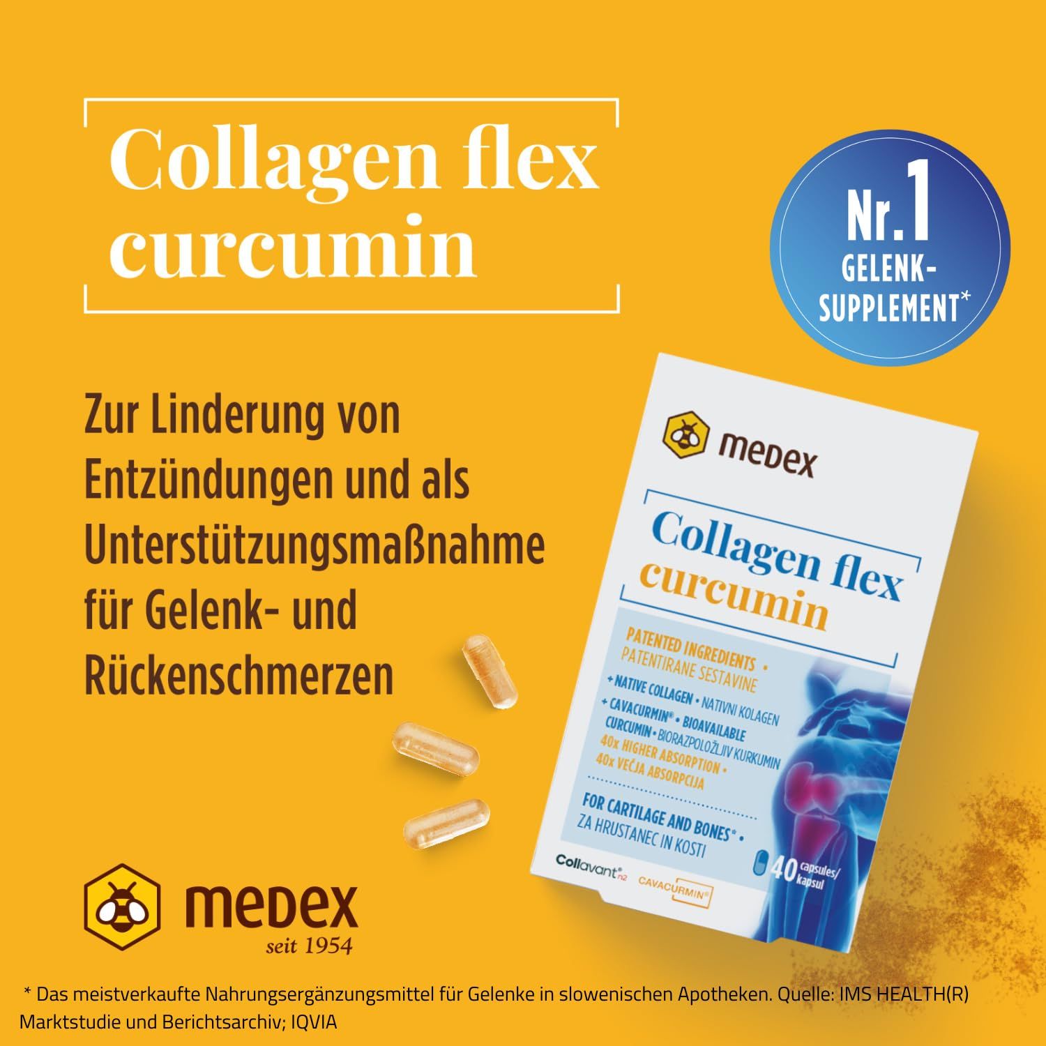 Confezione di Medex Collagen Flex Curcumin. Contiene capsule. Sfondo giallo con testo. Integratore per le articolazioni n. 1.