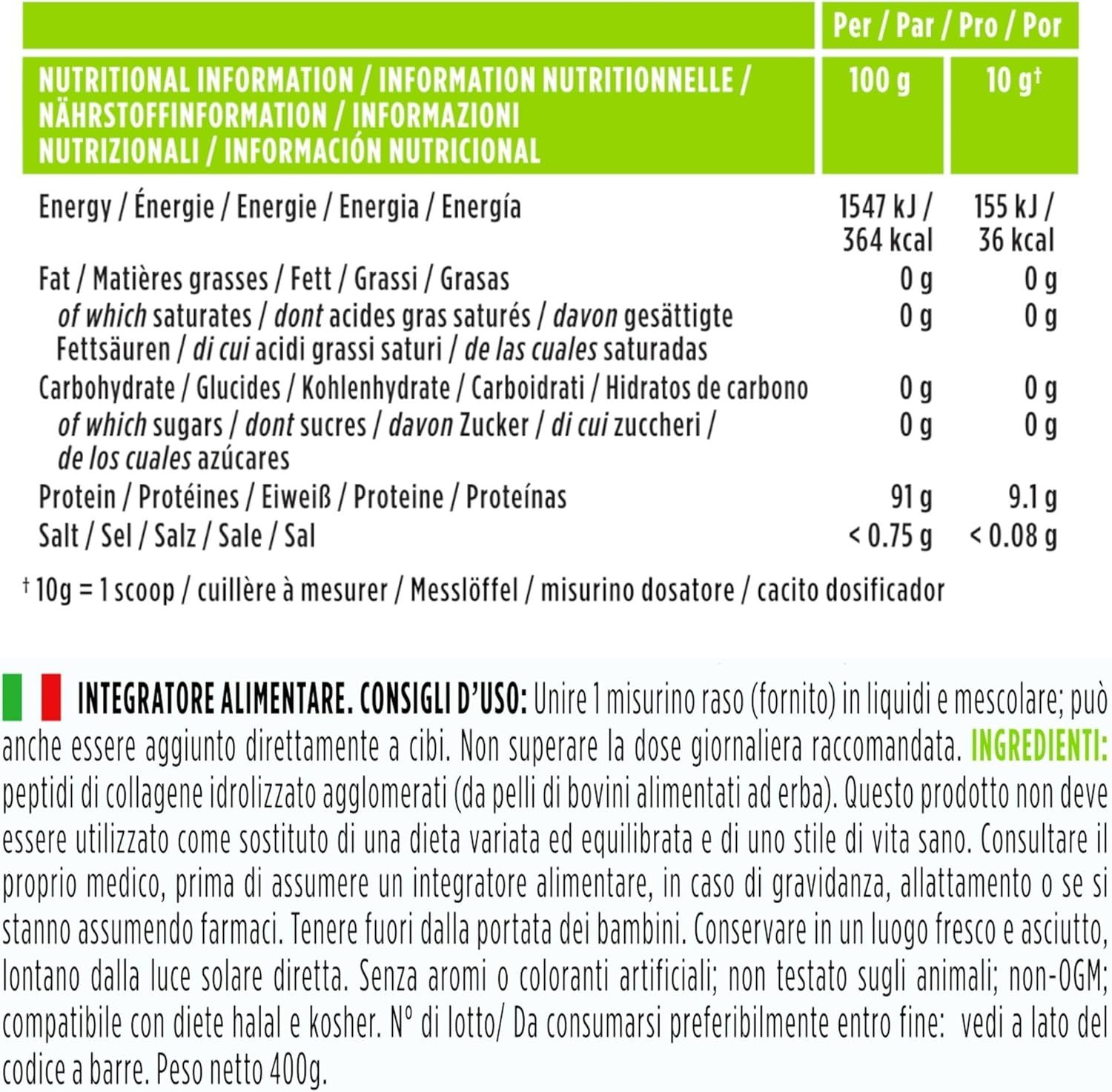 Tabella nutrizionale. Testo: Informazioni nutrizionali. 100g: 91g proteine. Raccomandazione: mescolare 1 misurino in liquido.