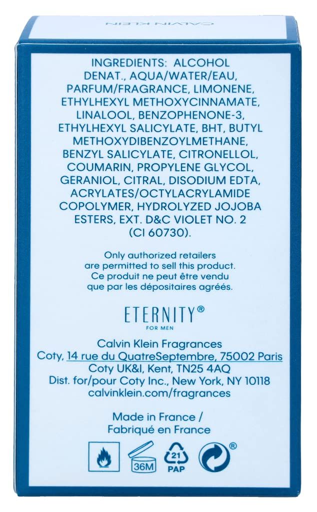 Retro della confezione Eternity for Men Air. Ingredienti, indirizzo del produttore e avvertenze.