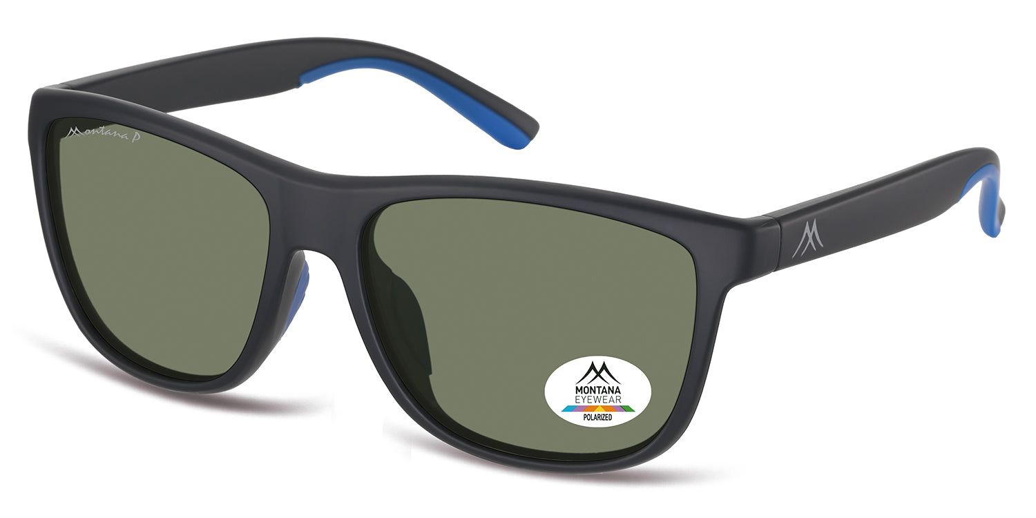 Occhiali da sole neri con lenti verdi. Accenti blu sulle estremità delle aste. Logo Montana Eyewear sulla stanghetta destra. Polarizzati.