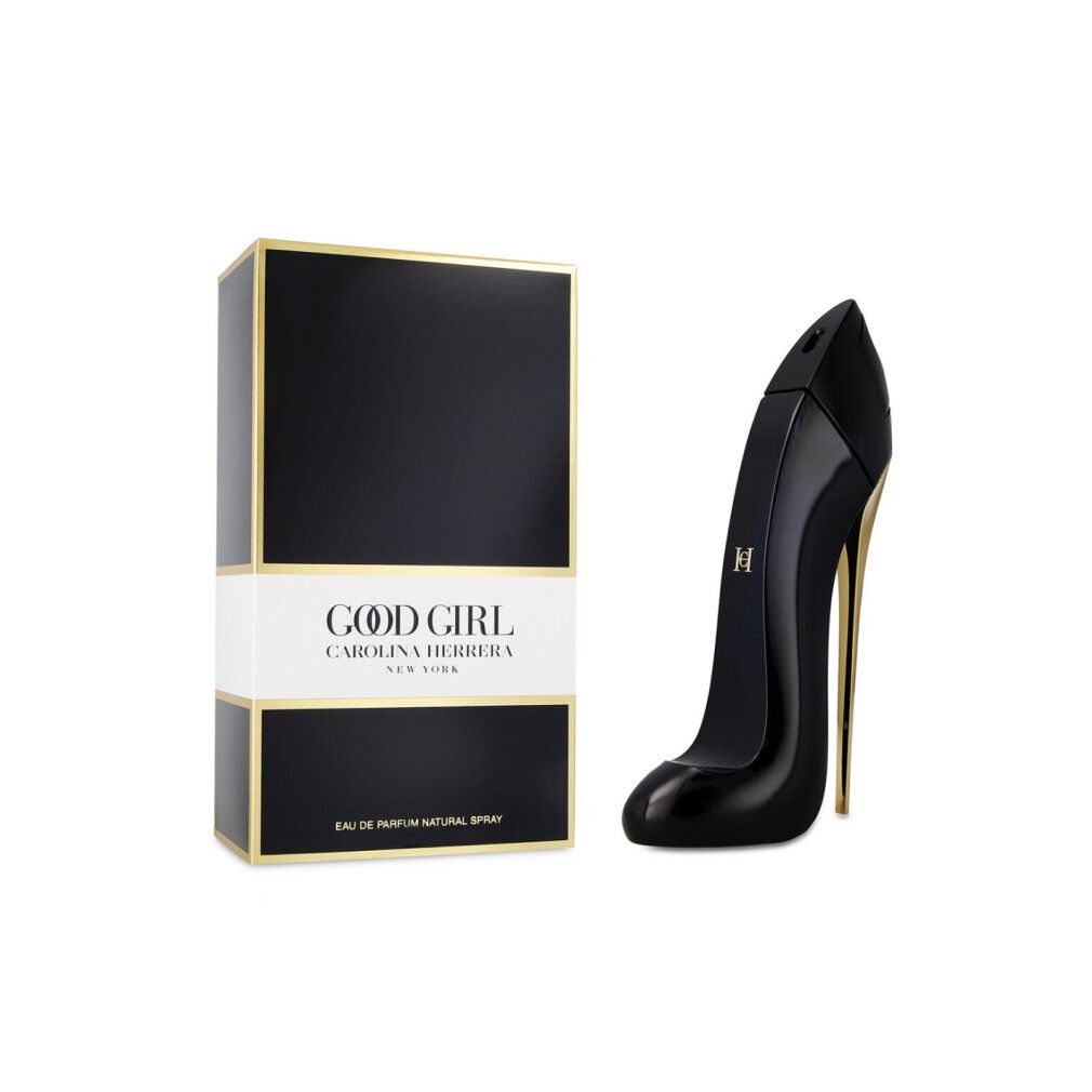 Flacone nero a forma di tacco alto e confezione. Dettagli dorati. Scritta: GOOD GIRL CAROLINA HERRERA NEW YORK.