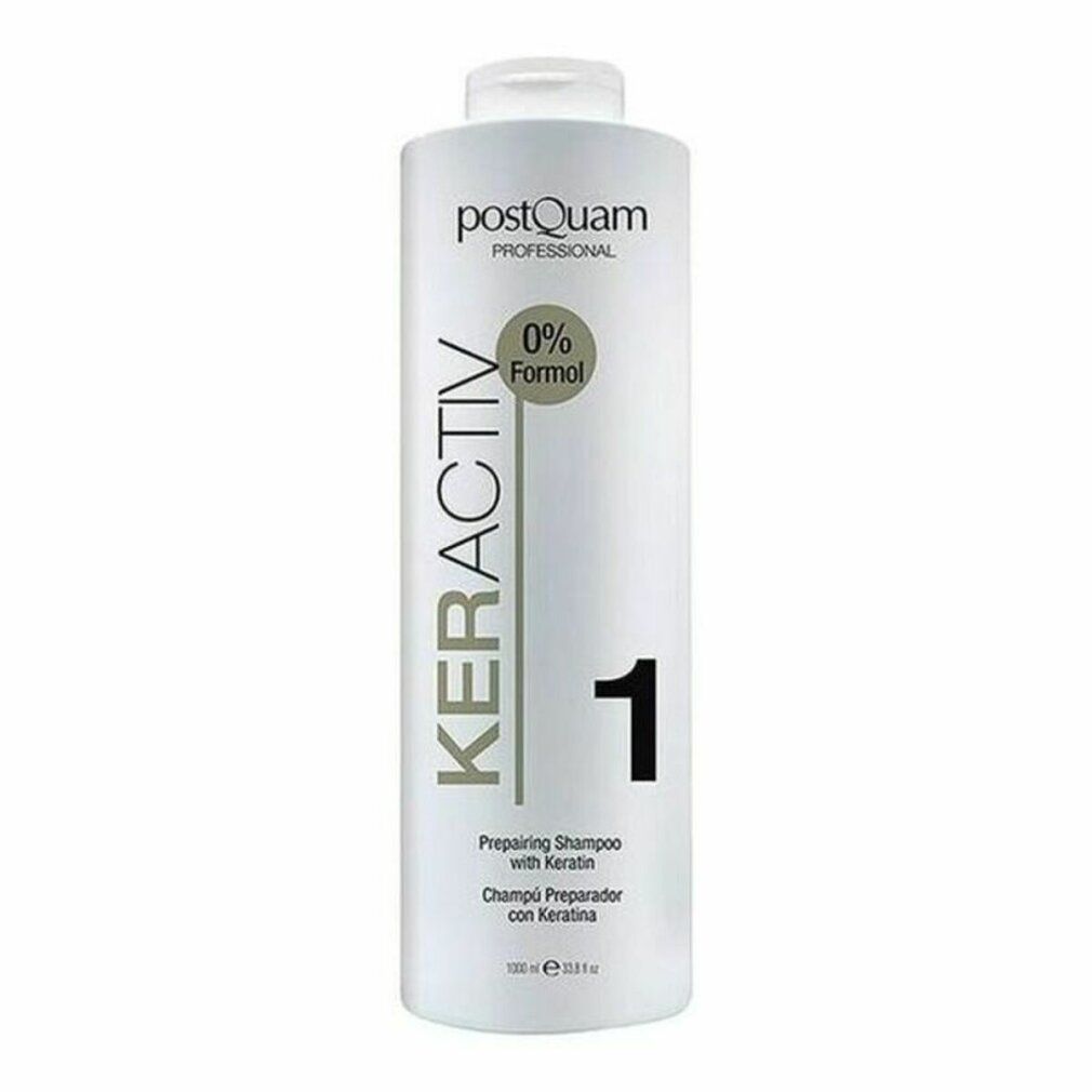 Flacone di shampoo bianco con scritta Keractiv, 0% Formol, Preparing Shampoo with Keratin. 1000 ml.