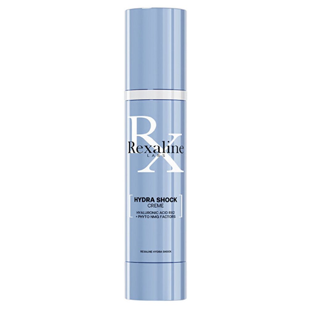 Flacone di crema azzurro chiaro con scritta bianca. Scritta: Rexaline, Hydra Shock Creme, Acido Ialuronico, Phyto NMF Factors.