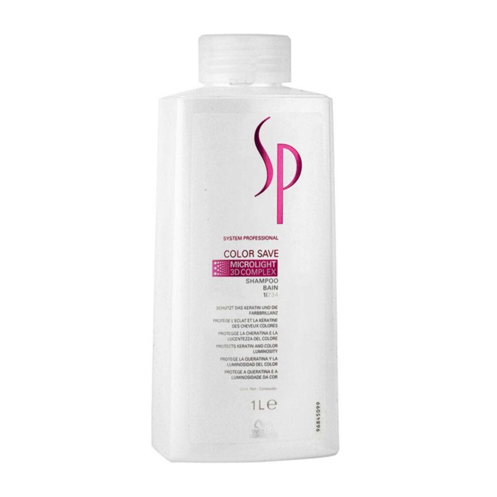Flacone di shampoo bianco con logo SP viola e nome del prodotto. Contiene testo in più lingue. Flacone da 1L.