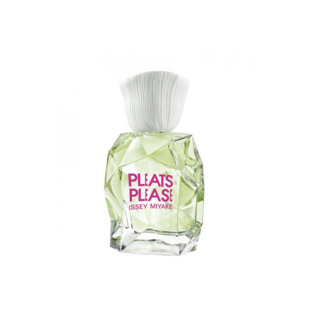 Flacone di profumo verde con tappo bianco. Scritta: PLEATS PLEASE ISSEY MIYAKE.