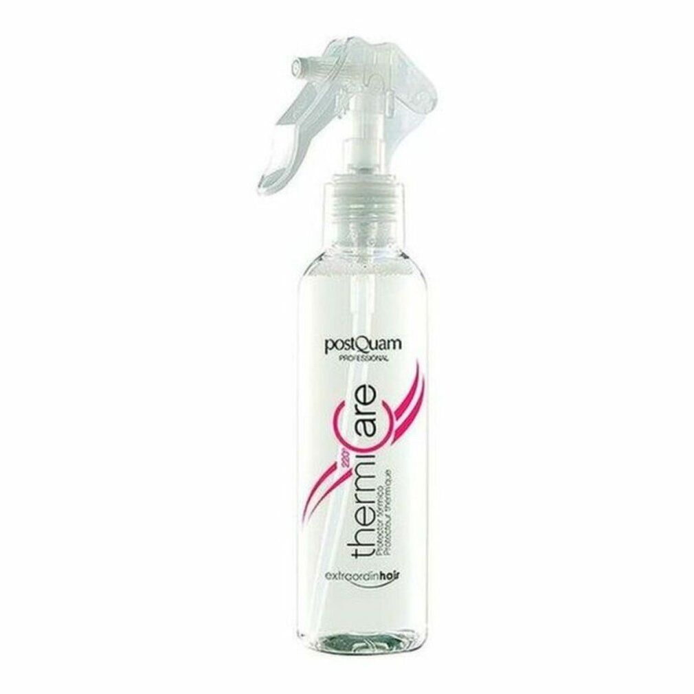 Flacone spray trasparente con etichetta bianca e rosa. Scritta: Thermicare, Professional, protezione termica.