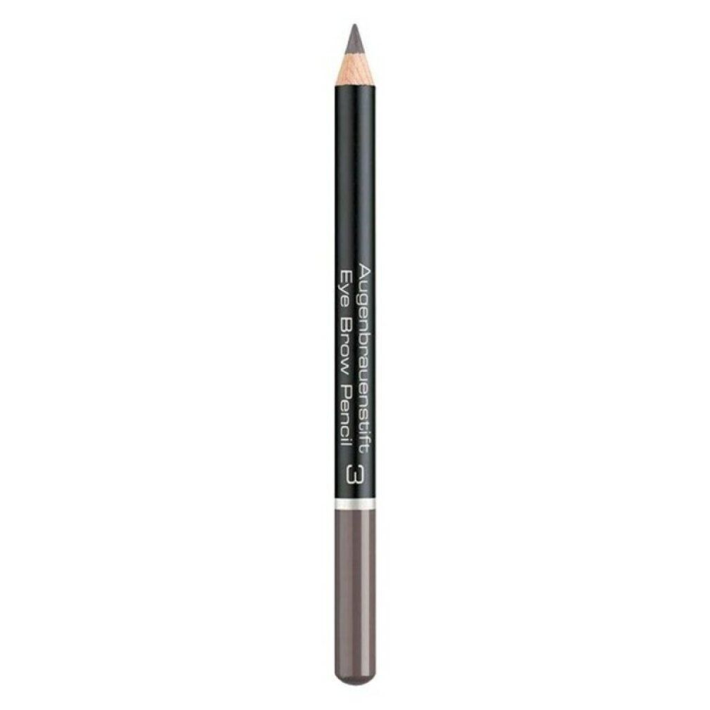 Matita per sopracciglia grigio scuro, fusto nero. Scritta: Augenbrauenstift, Eye Brow Pencil, 3. Punta e estremità inferiore colorate.