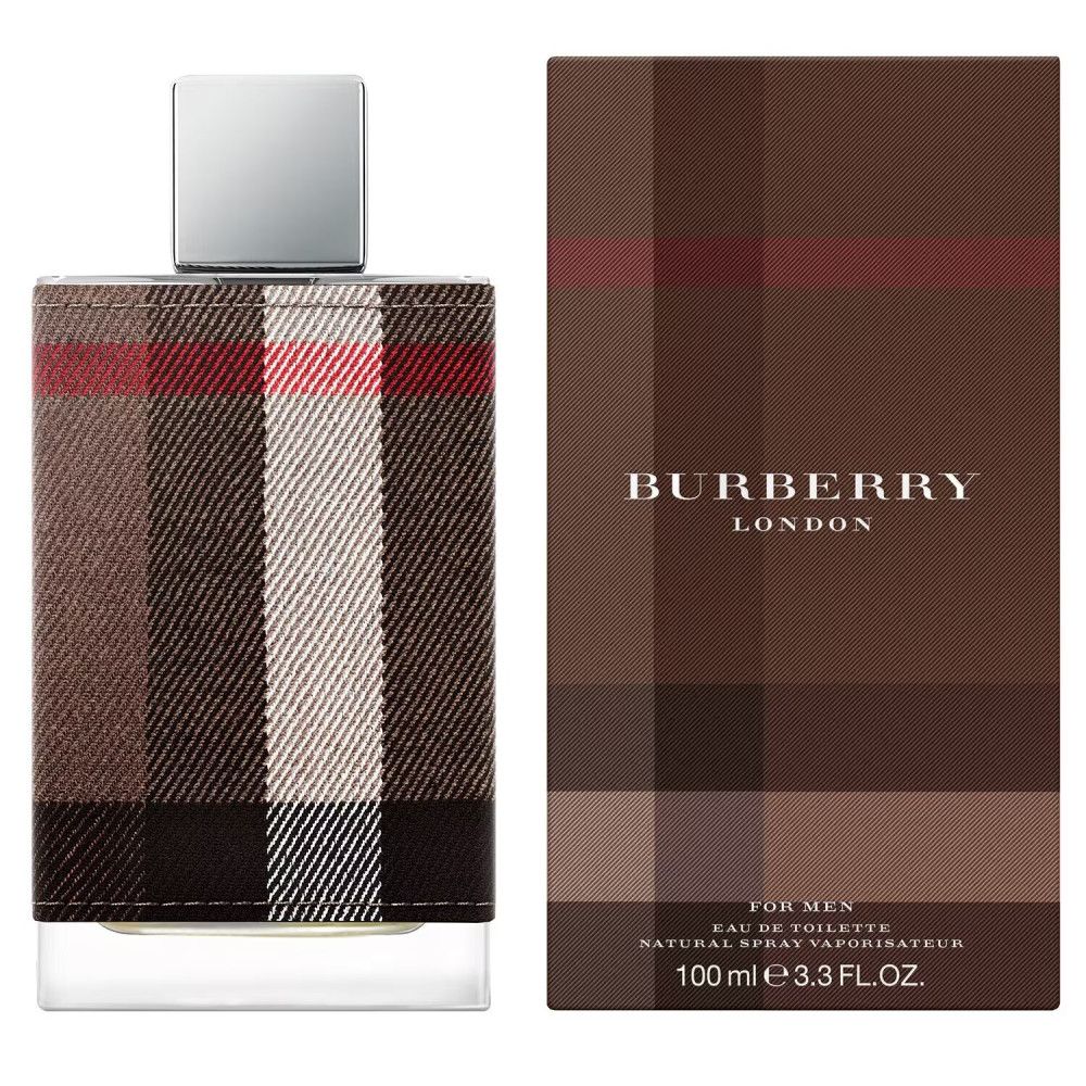 Flacone con tappo argentato e confezione. Entrambi mostrano il motivo a quadri Burberry. Sulla confezione è scritto "BURBERRY LONDON".