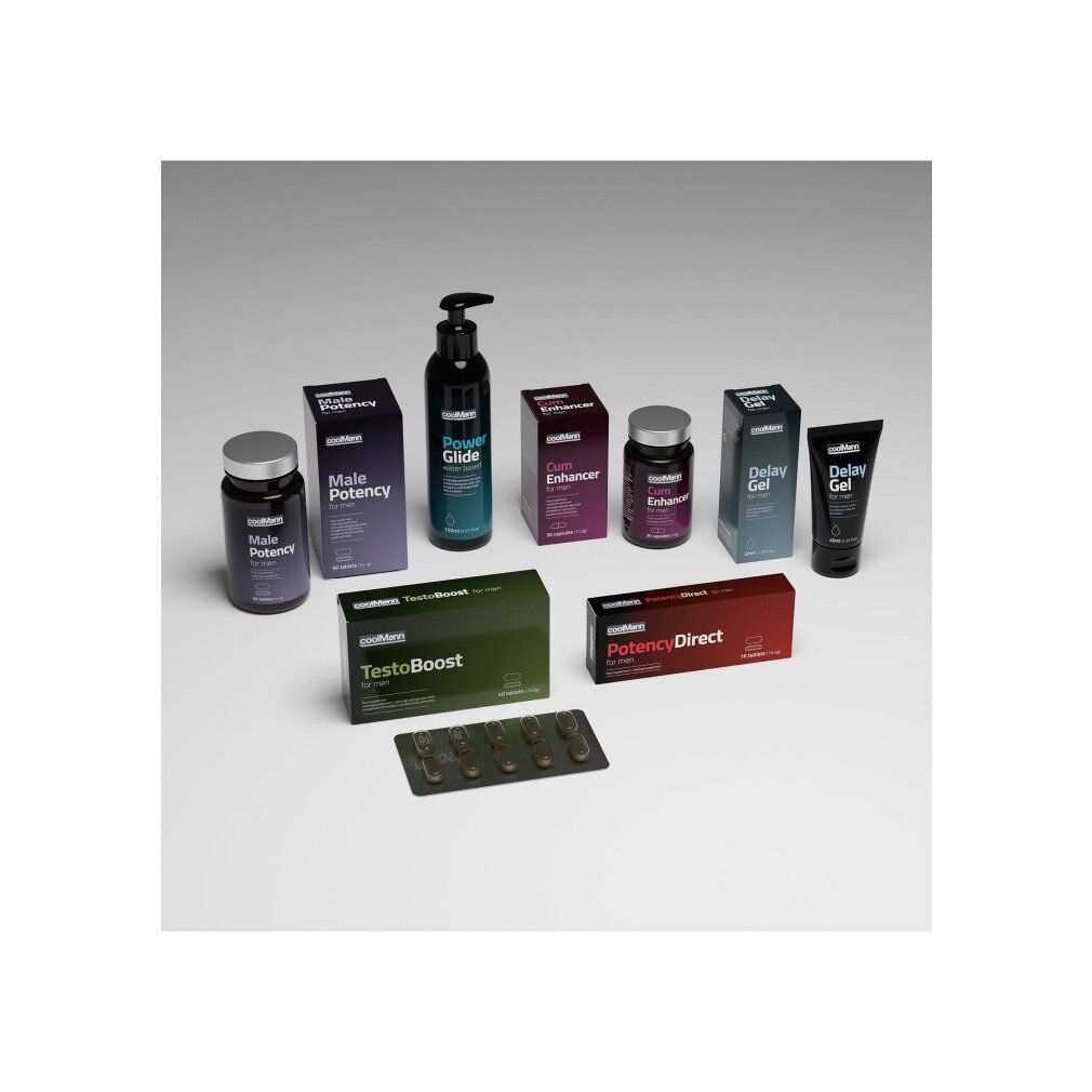 Vari prodotti in confezioni e flaconi. Scritte: "Male Potency", "Power Glide", "Delay Gel".