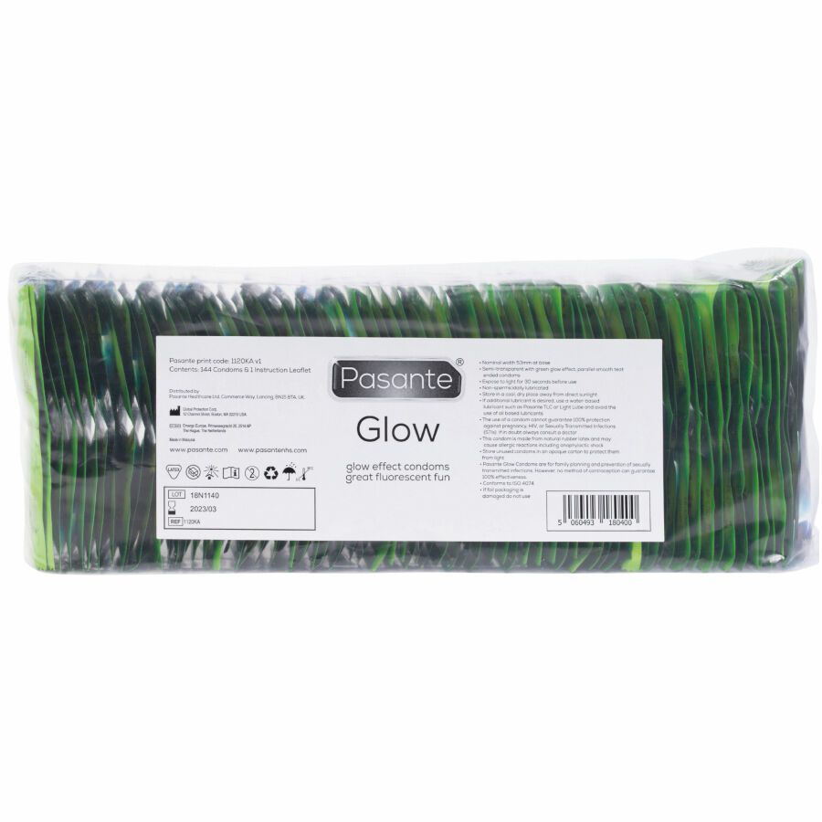 Preservativi Pasante Glow: Confezione di numerosi preservativi luminosi confezionati singolarmente in imballaggio verde.