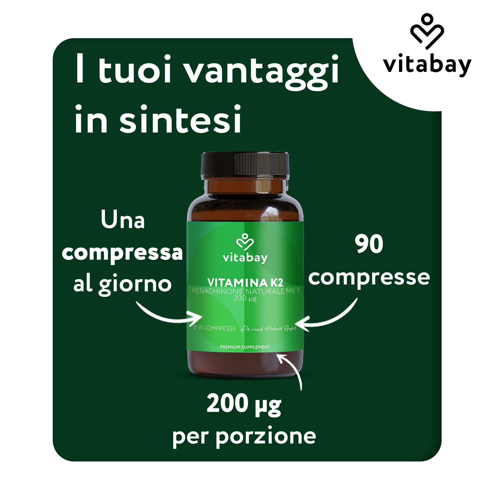Bottiglia Vitamina K2 Vitabay, 90 compresse, 200 µg per porzione. Una compressa al giorno.