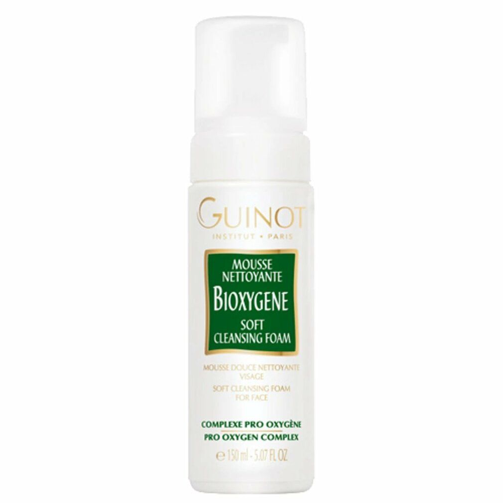 Flacone bianco con etichetta verde. Scritta: Guinot, Bioxygene Mousse Nettoyante, Soft Cleansing Foam. Con erogatore a spruzzo.