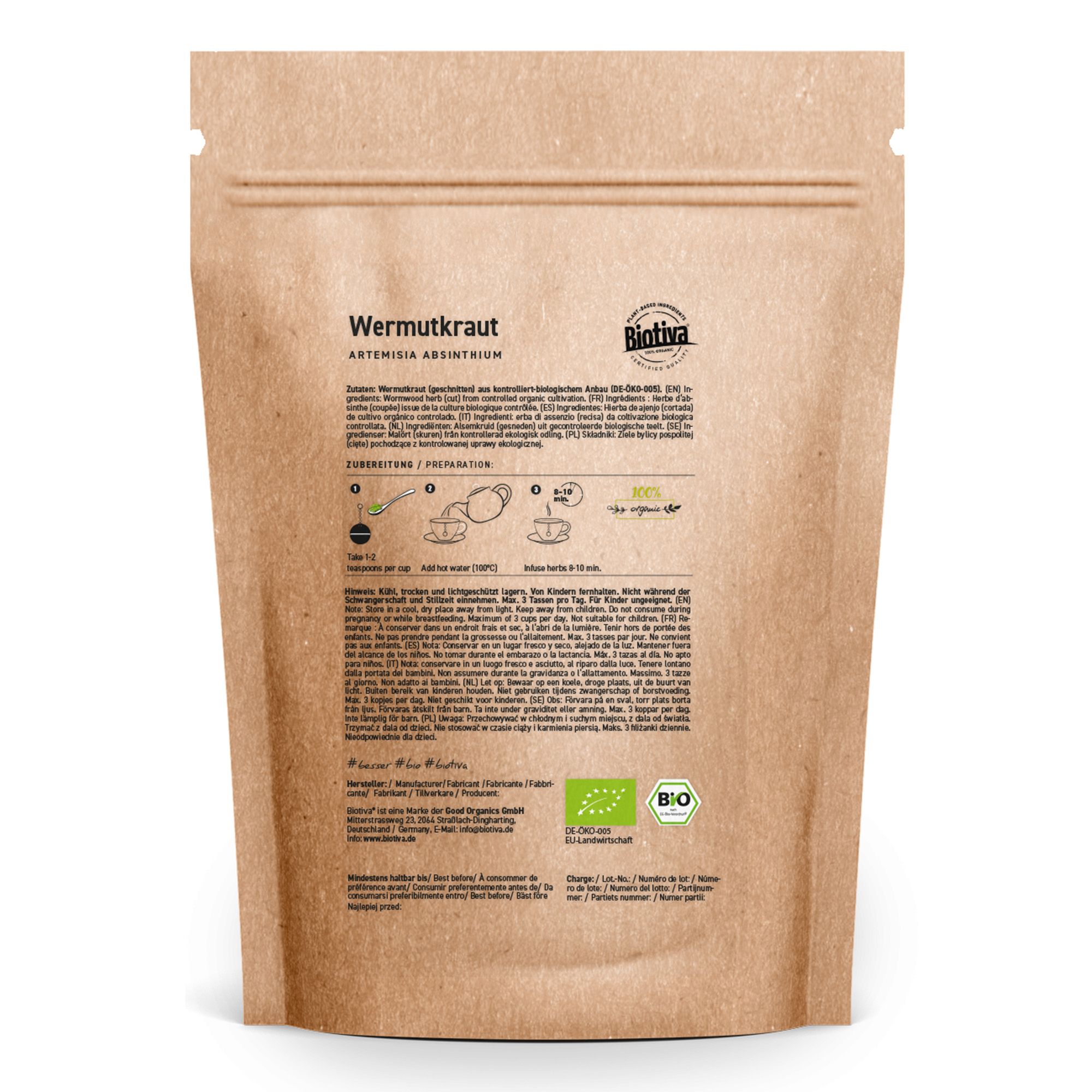 Confezione di carta marrone stampata. Testo: Assenzio, Biotiva, marchio bio, istruzioni per la preparazione e ingredienti.