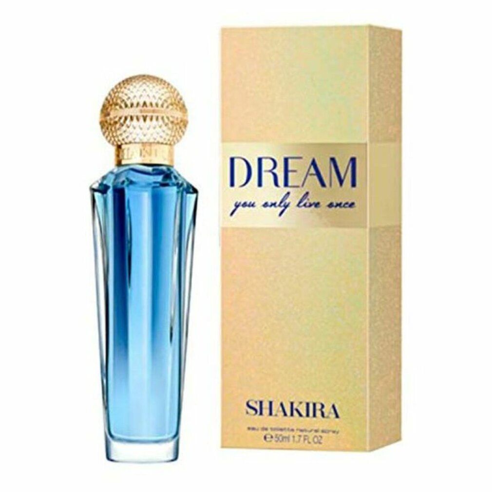 Flacone spray Eau de Toilette con confezione. Flacone blu, tappo dorato. Scritta DREAM, SHAKIRA.