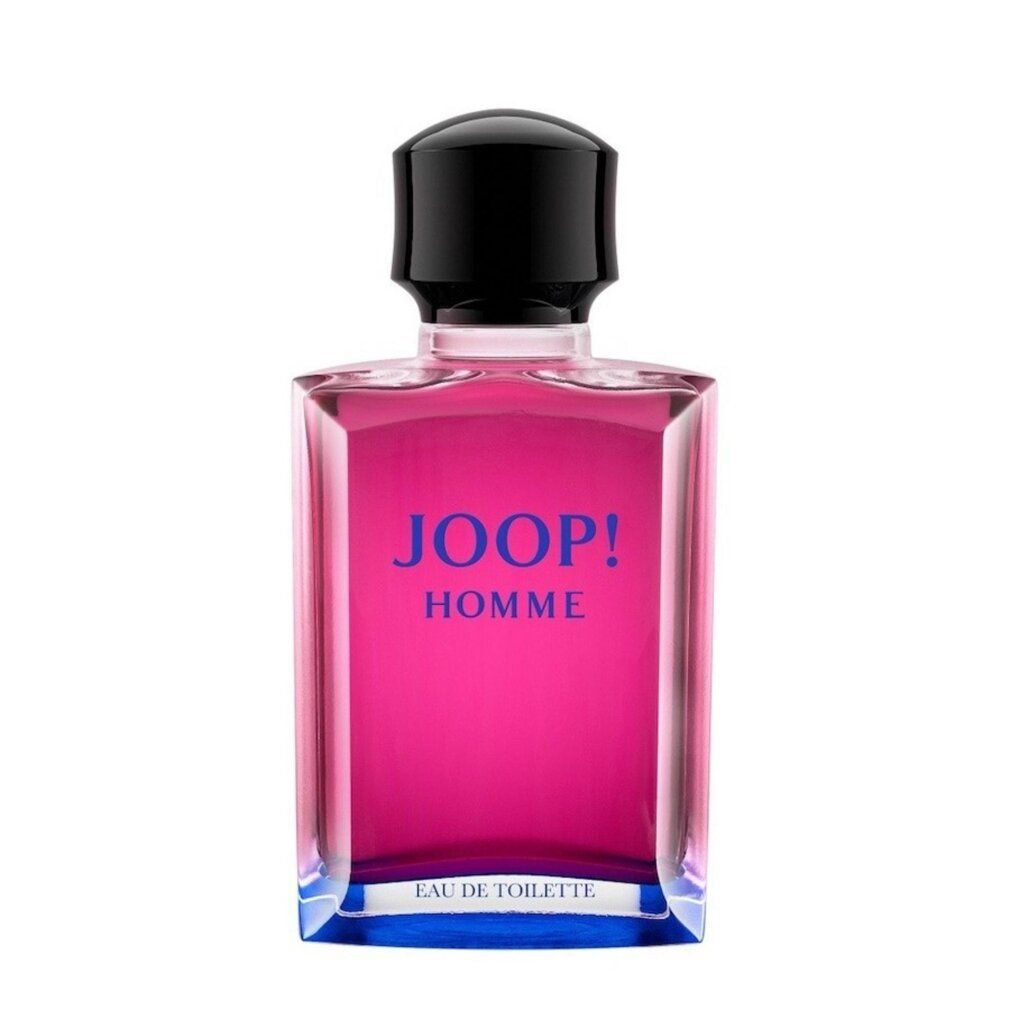 Flacone JOOP! Homme Eau de Toilette con liquido rosa e tappo nero.