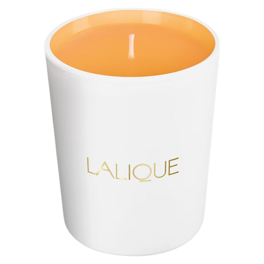 Candela bianca con cera gialla e stoppino. Scritta dorata: LALIQUE.