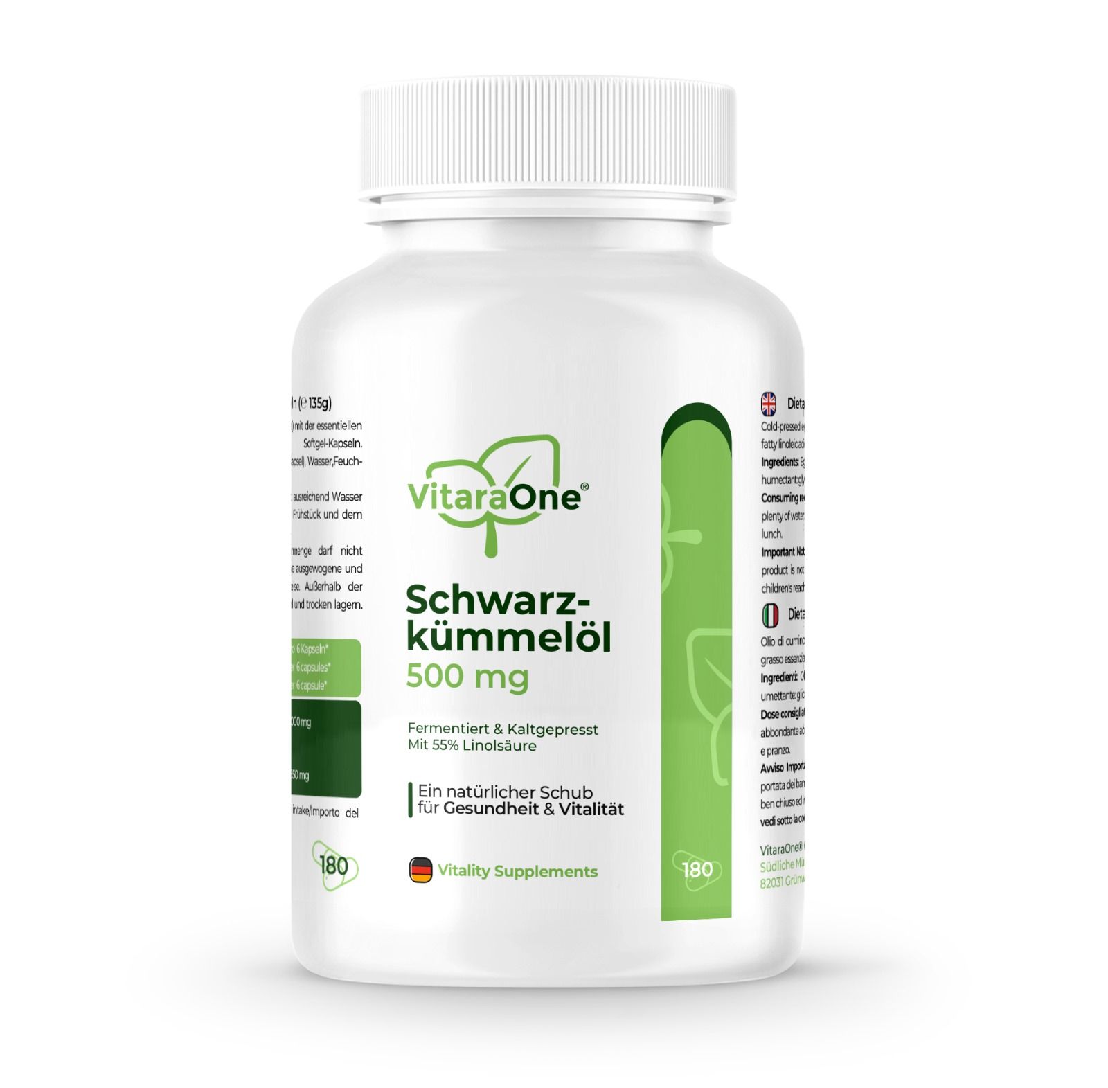 Flacone bianco con capsule. Scritta: VitaraOne® Olio di cumino nero 500 mg. Etichetta verde e bianca.