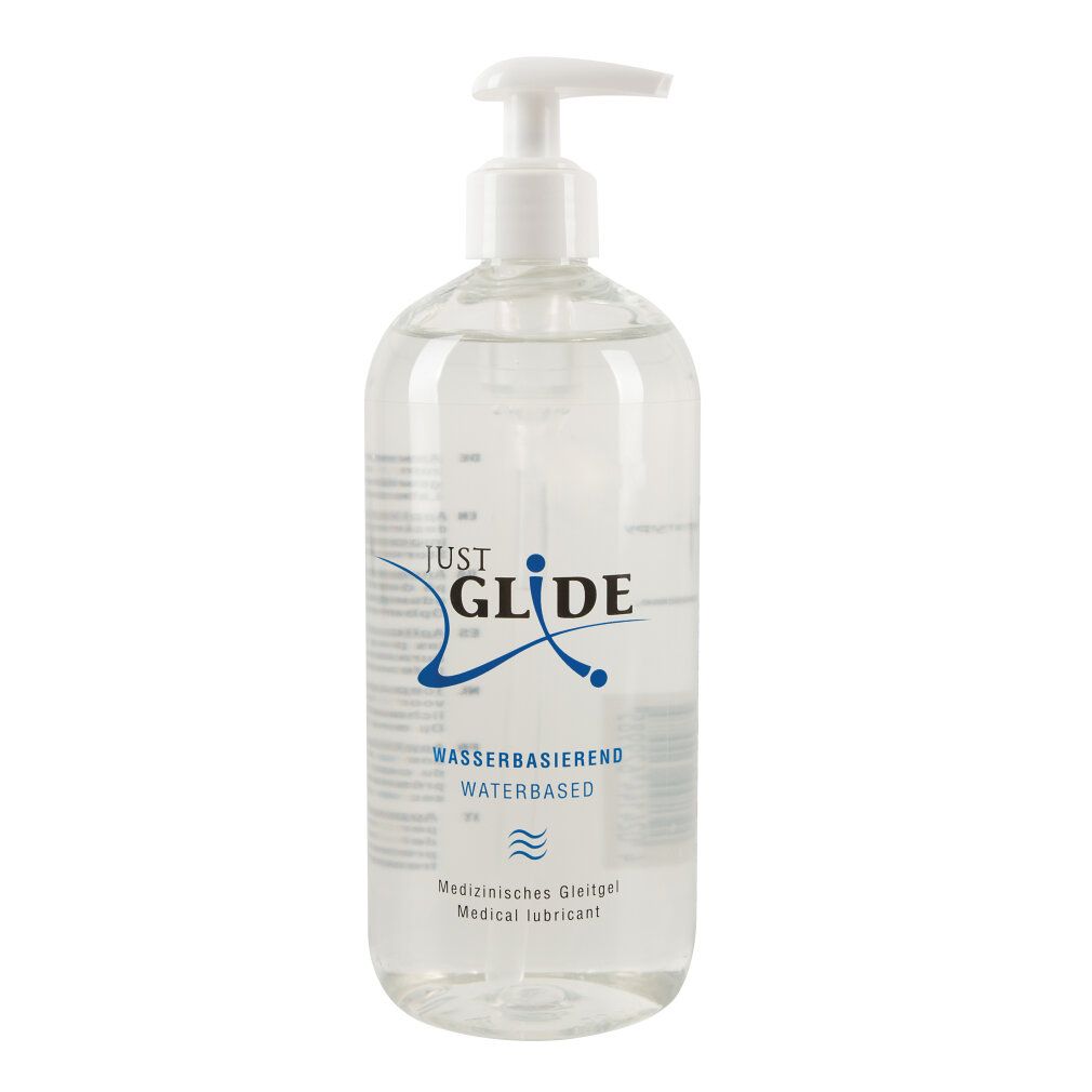 Flacone trasparente con dosatore. Scritta: JUST GLIDE, a base d'acqua, lubrificante medico.